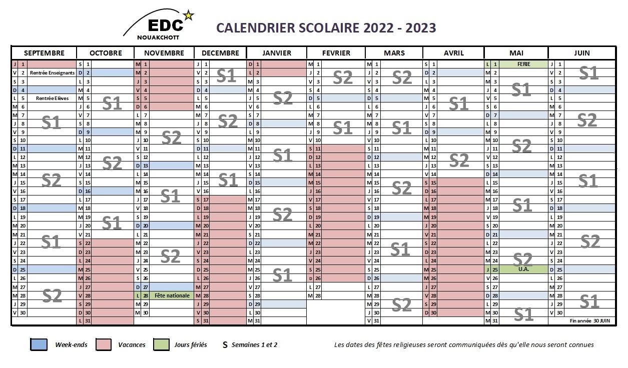 Calendrier scolaire edc 2022 2023