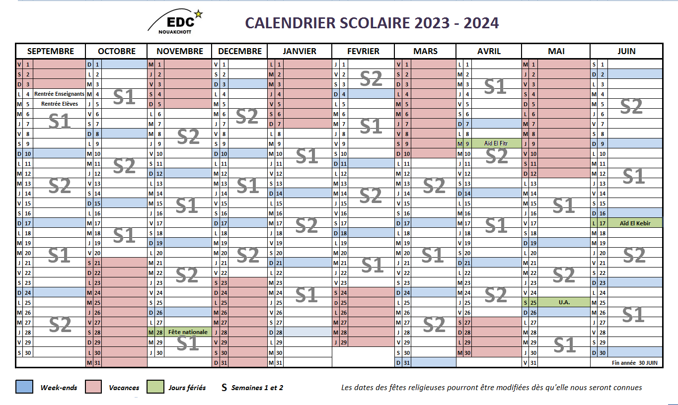 Calendrier scolaire edc 2023 2025