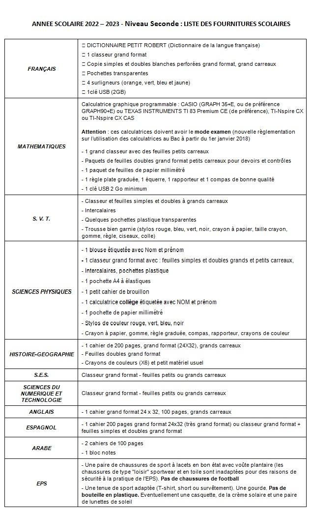 Fournitures seconde 2022 2023