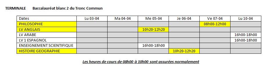 Bac blanc tronc commun terminale nouveau calendrier