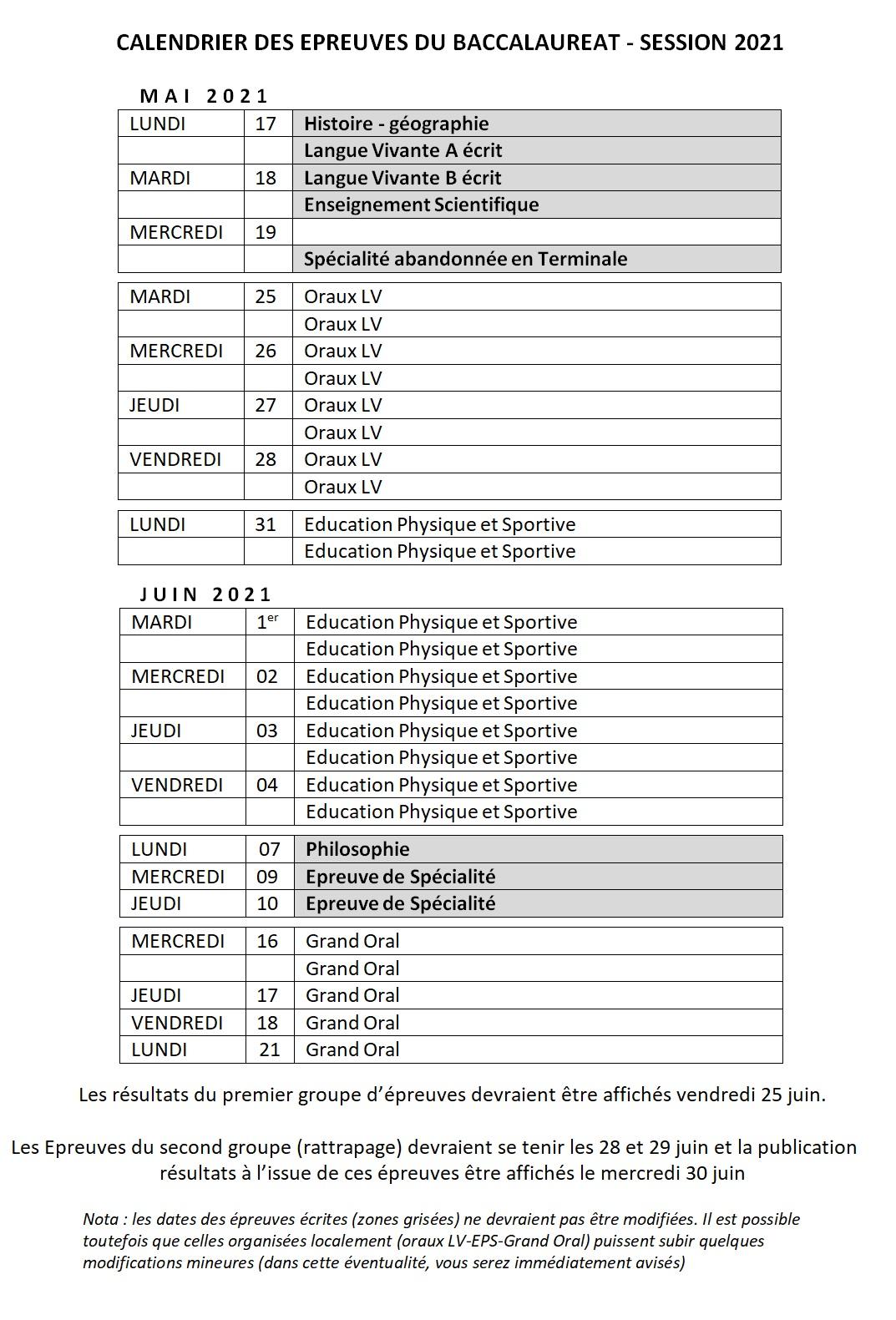 Calendrier du Baccalauréat 2021