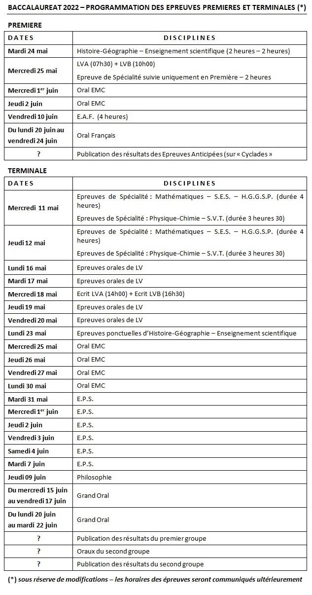 Calendrier des epreuves du bac 2022