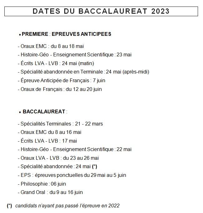 Calendrier des epreuves du bac 2023