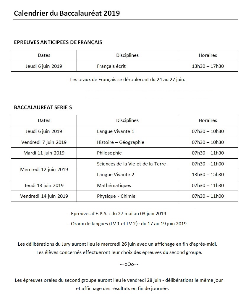 Calendrier du baccalaureat 2019