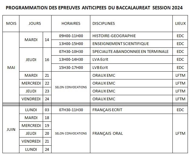 Calendrier epreuves anticipees 2024 bis