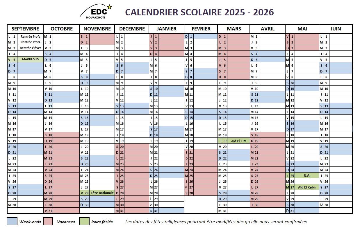 Calendrier scolaire edc 2025 2026