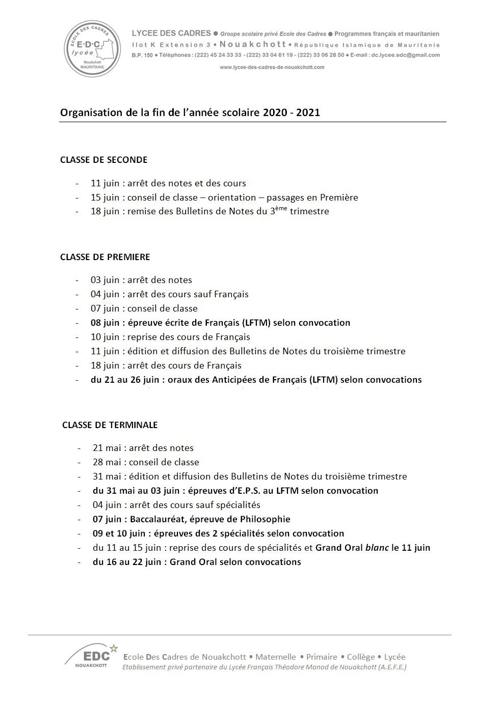Organisation de la fin d annee scolaire 2020 2021
