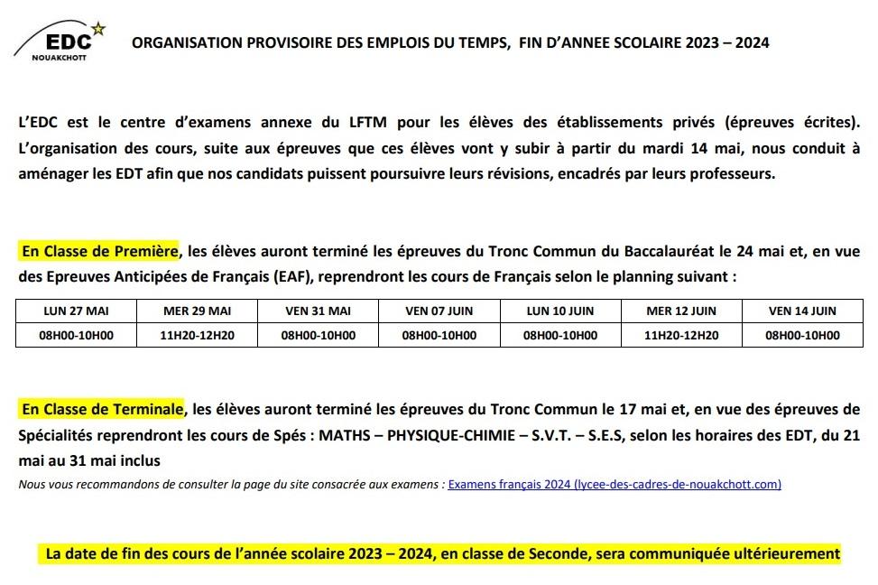 Organisation des edt fin d annee 23 26