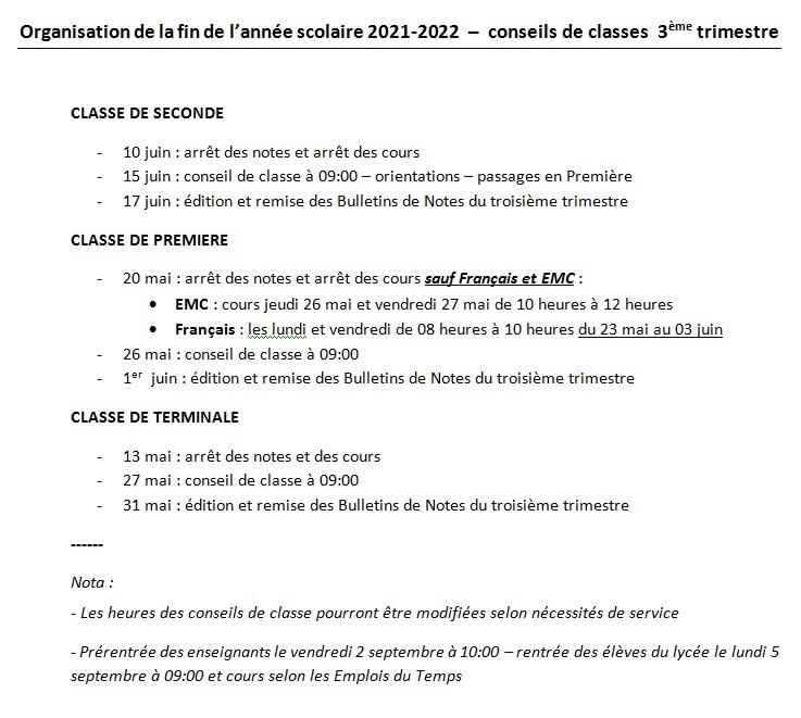 Organisation fin d annee scolaire 2021 2022