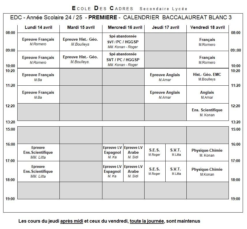 Premiere calendrier des epreuves du bac blanc 3